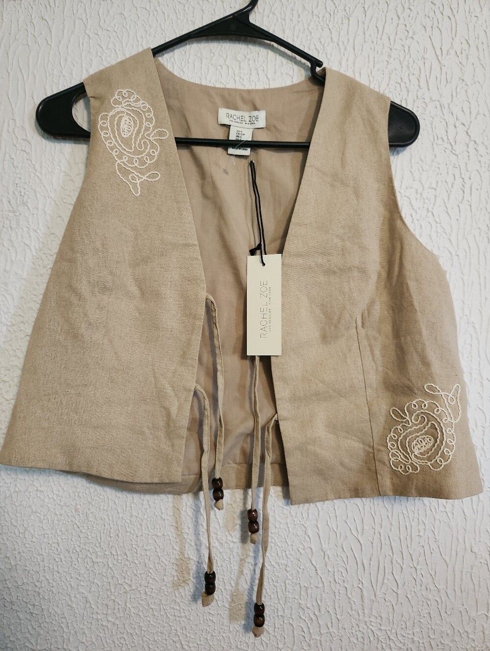 Rachel Zoe Beige Linen-Blend Embroidered Tie-Front Vest